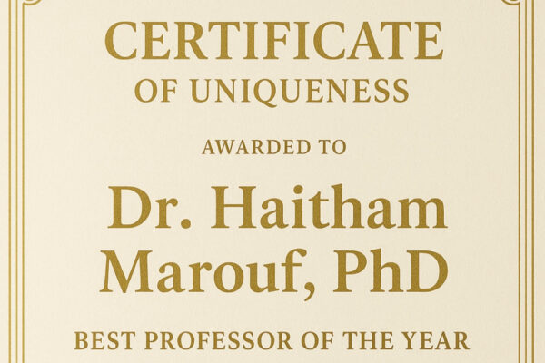 Legend Magazine Honors Dr. Haitham Maarouf, PhD with the “Certificate of Uniqueness” Best Professor of the Year
