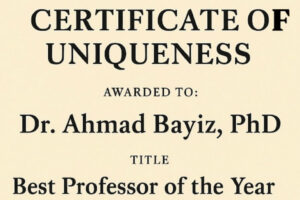 “Certificate of Uniqueness Awarded to Prof, Dr. Ahmad Bayiz, PhD: A Tribute to Excellence in Academia”